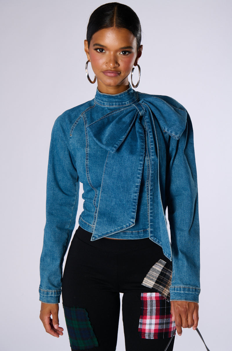 BELIEVE IN MY OWN BOW DETAIL MEDIUM BLUE DENIM TOP view 0