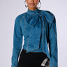 Front View Believe In My Own Bow Detail Medium Blue Denim Top