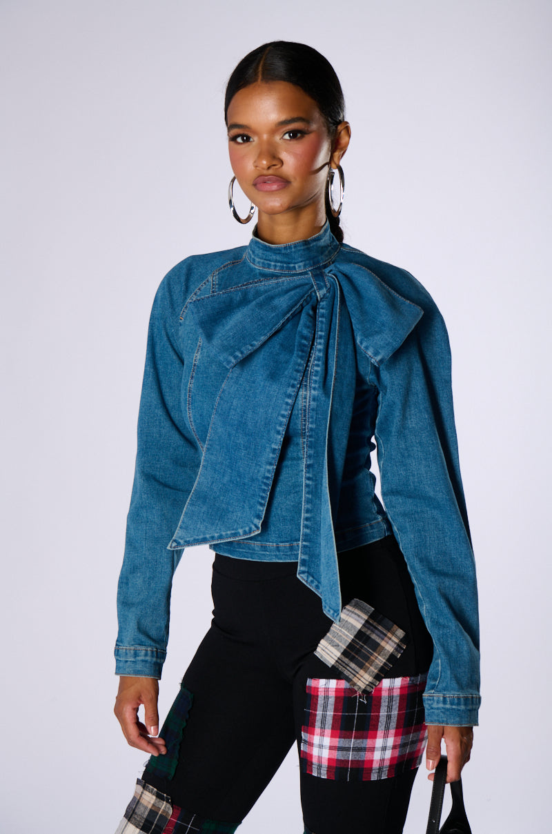 Back View Believe In My Own Bow Detail Medium Blue Denim Top