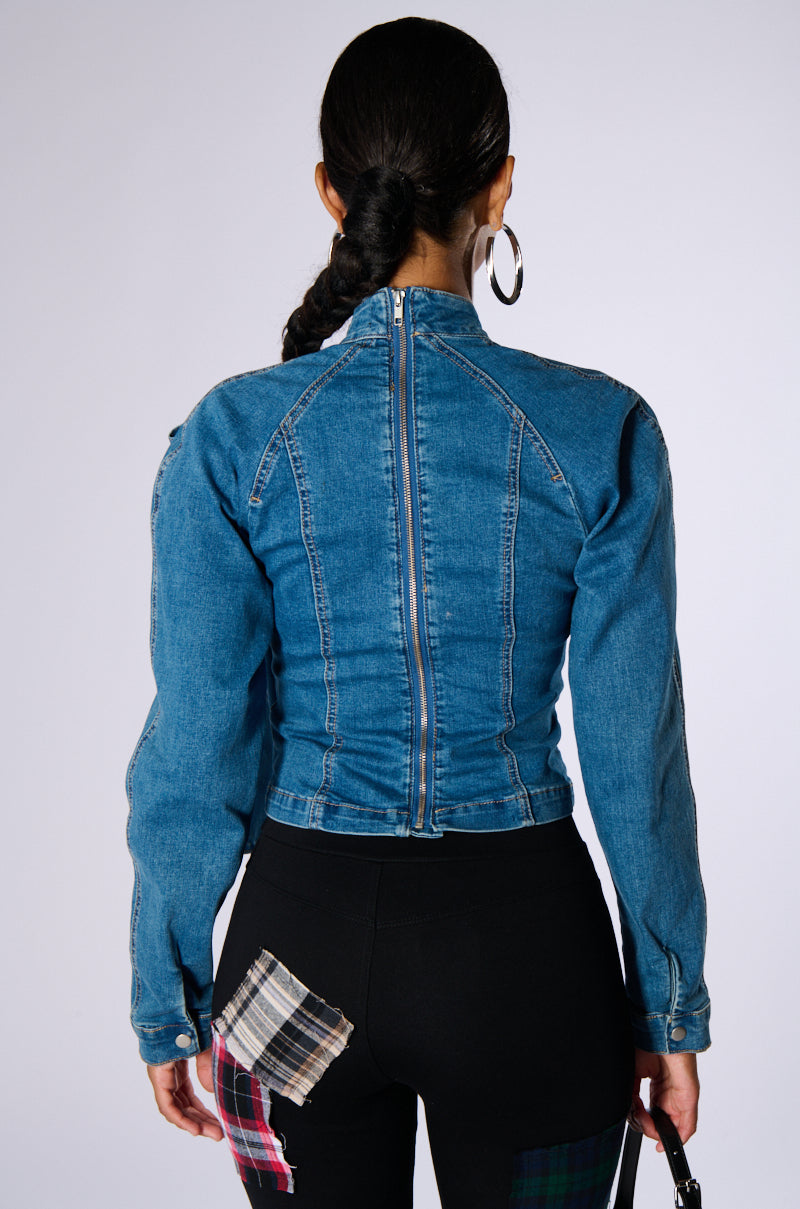 Full View Believe In My Own Bow Detail Medium Blue Denim Top