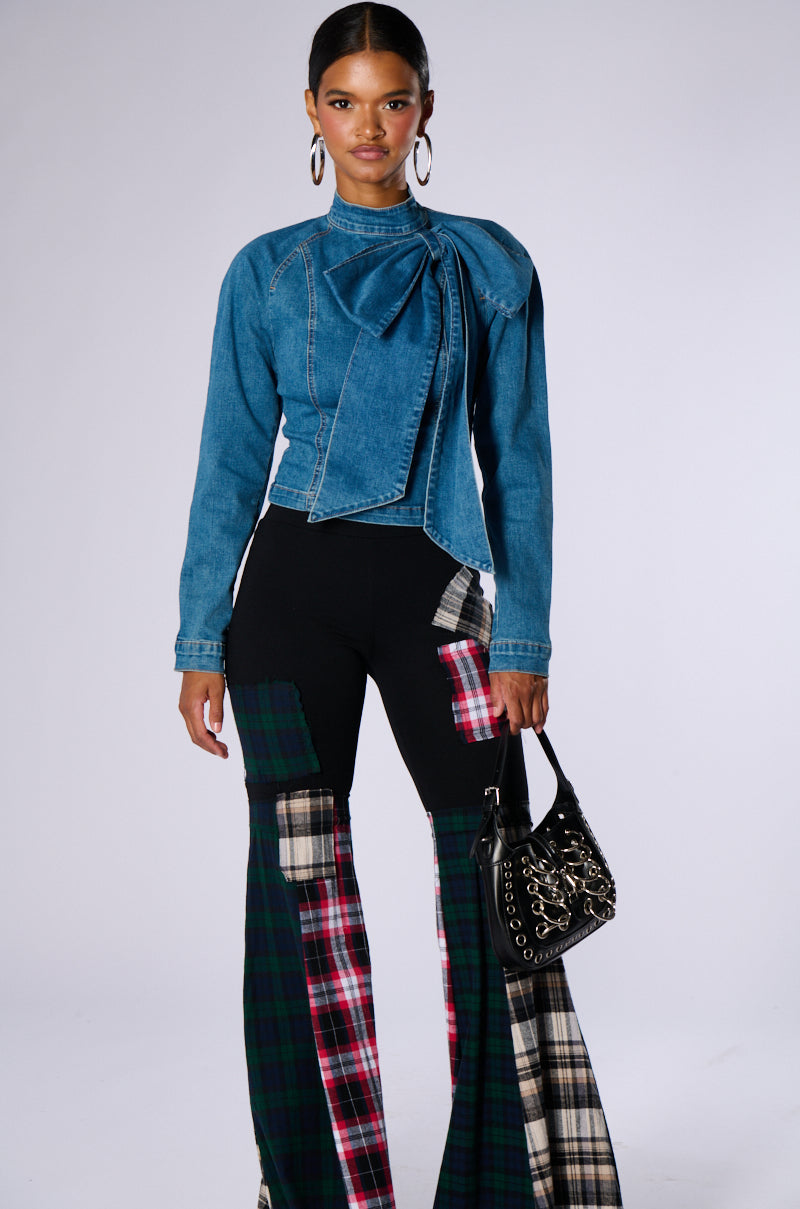 Extra View Believe In My Own Bow Detail Medium Blue Denim Top