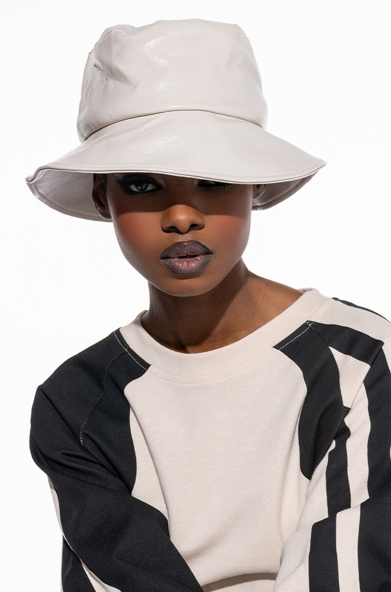 Front View Bella Faux Leather Bucket Hat 0