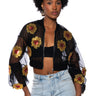 Front View Bella Heart Embellished Mesh Crop Bomber