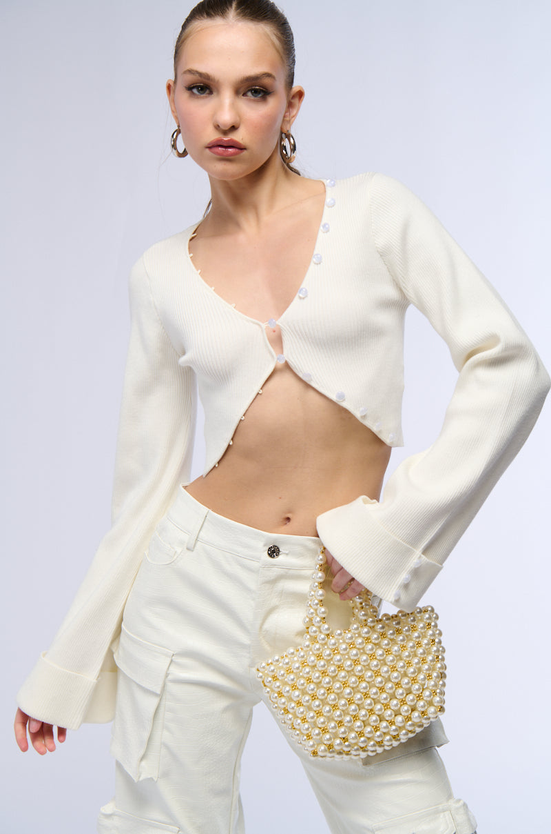 Front View Bella Long Sleeve Knit Cardigan In White 0
