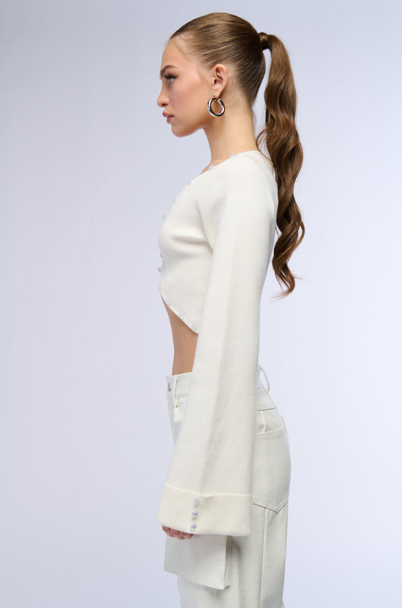 Back View Bella Long Sleeve Knit Cardigan In White 2