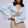 Front View Bella Long Sleeve Knit Low Cut Cardigan In Light Blue