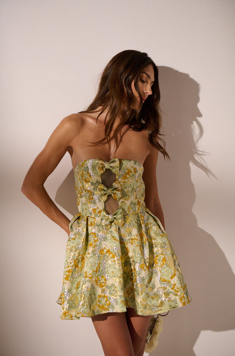 BELLE OF THE BALL BROCADE MINI DRESS IN GREEN MULTI AKIRA BELLE OF THE BALL BROCADE MINI DRESS IN GREEN MULTI AKIRA