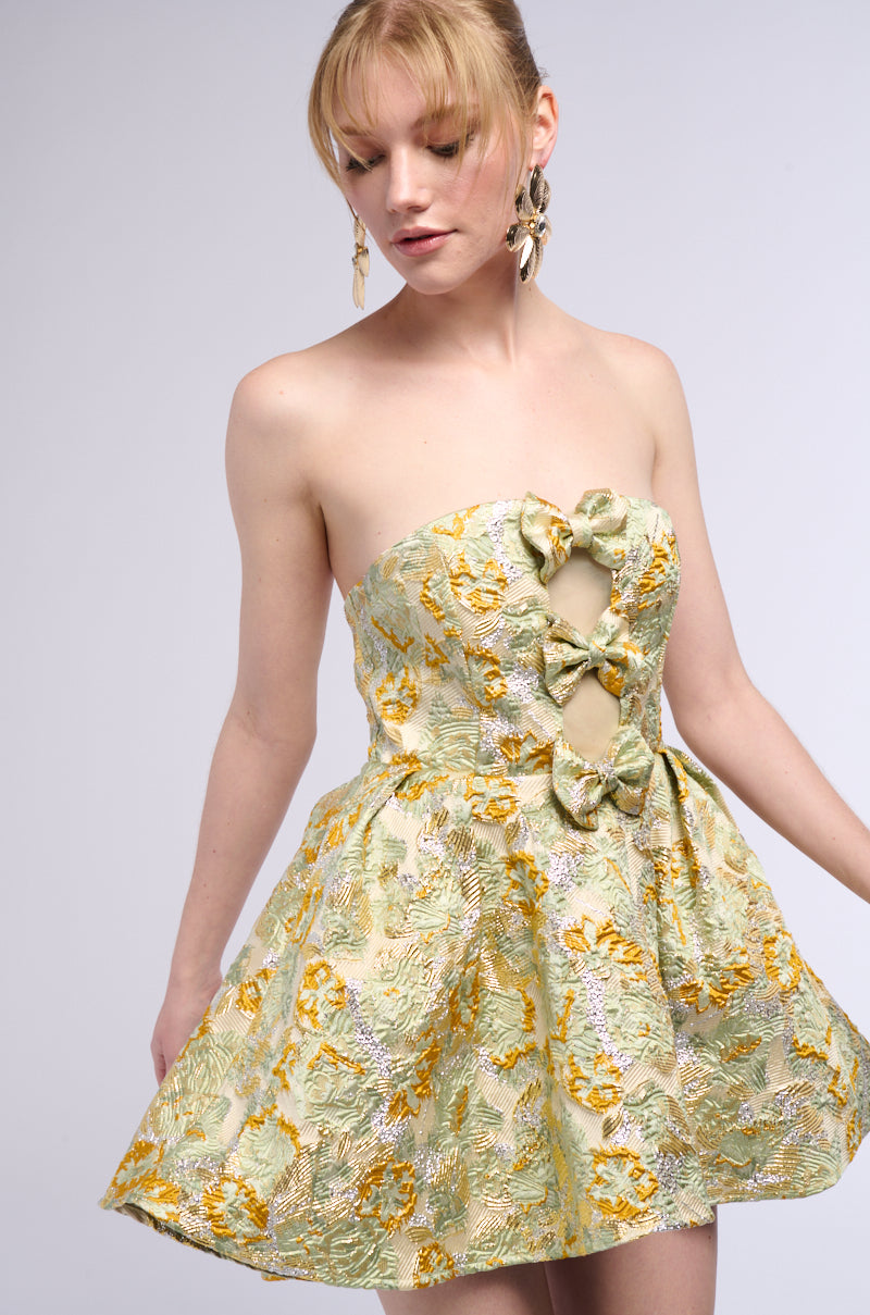 BELLE OF THE BALL BROCADE MINI DRESS IN GREEN MULTI AKIRA BELLE OF THE BALL BROCADE MINI DRESS IN GREEN MULTI AKIRA