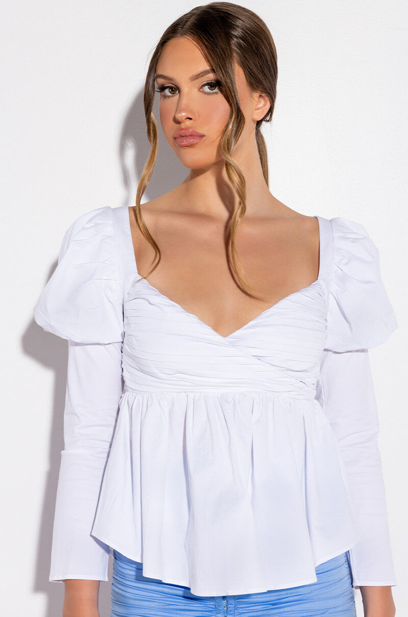 Front View Belle Of The Ball Peplum Puff Sleeve Blouse