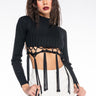 Front View Belle Ribbed Fringe Detail Turtleneck Sweater