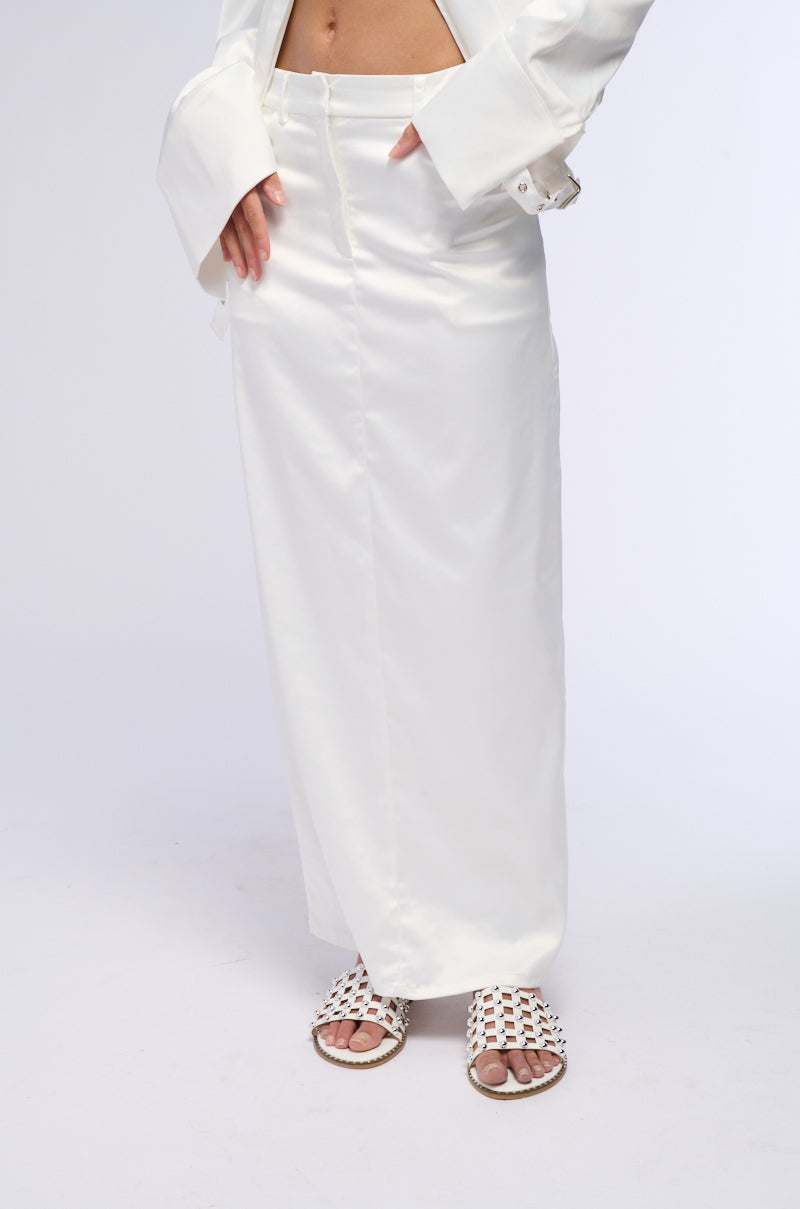 Side View Bellissima Satin Finish Maxi Skirt In White