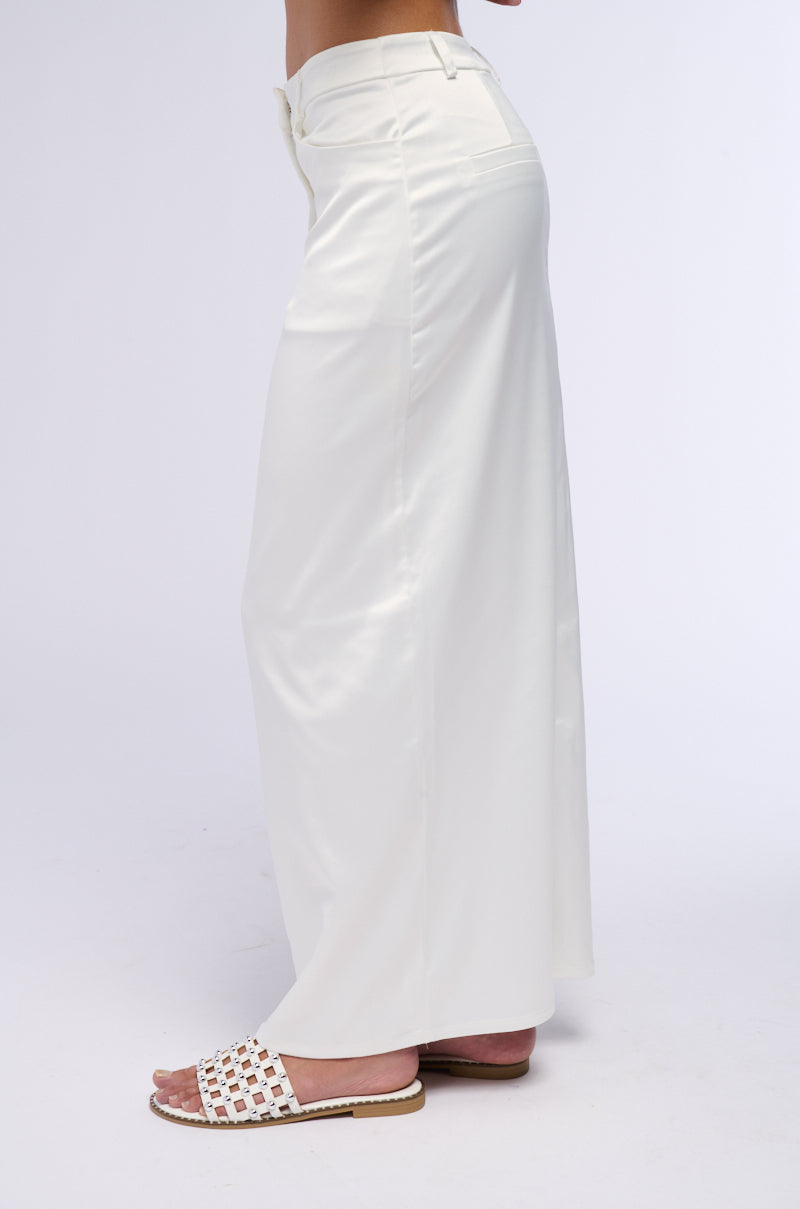 Back View Bellissima Satin Finish Maxi Skirt In White