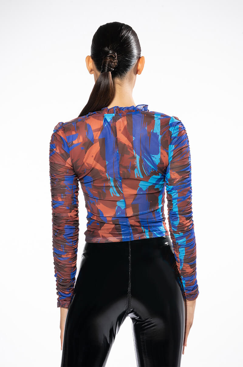 Full View Berry Drip Ruched Lace Up Long Sleeve Mesh Top