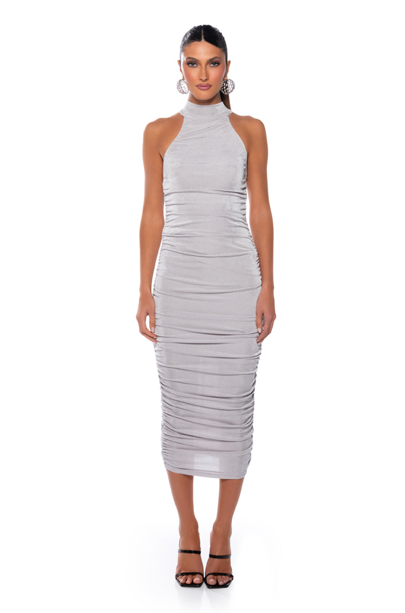 Front View Best Behavior Slinky Midi Dress In Silver
