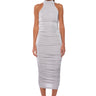 Front View Best Behavior Slinky Midi Dress In Silver