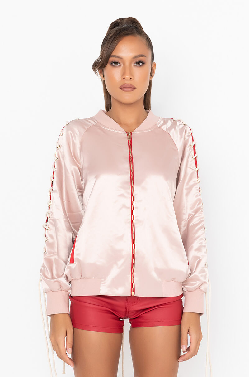 Front View Best Dressed Satin Lace Up Bomber