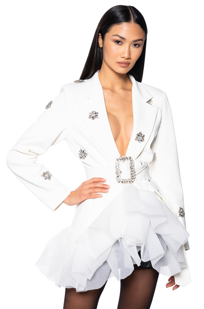 Front View Best Version Tulle Belted Blazer Dress With Rhinestones