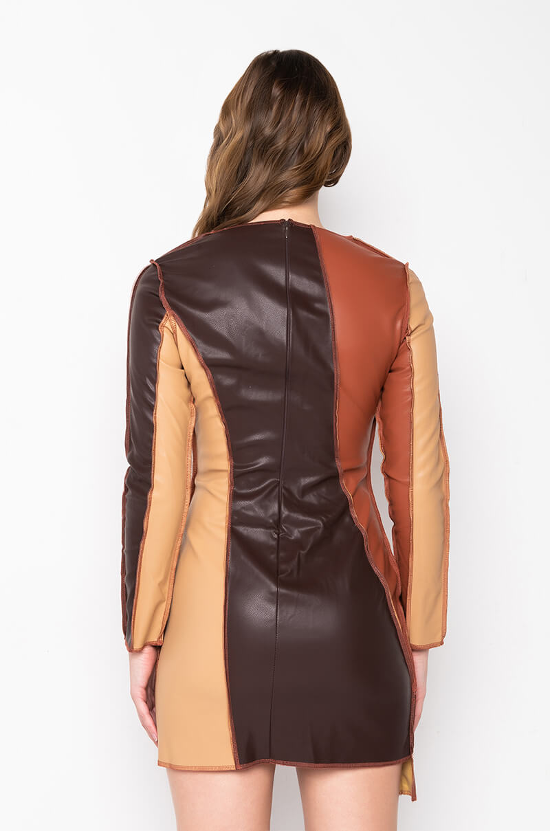 Extra View Better For It Faux Leather Patchwork Mini Dress