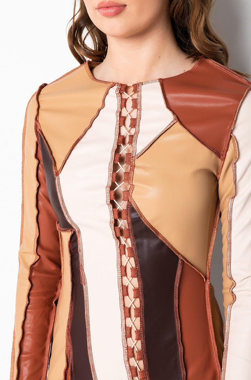 Extra View Better For It Faux Leather Patchwork Mini Dress
