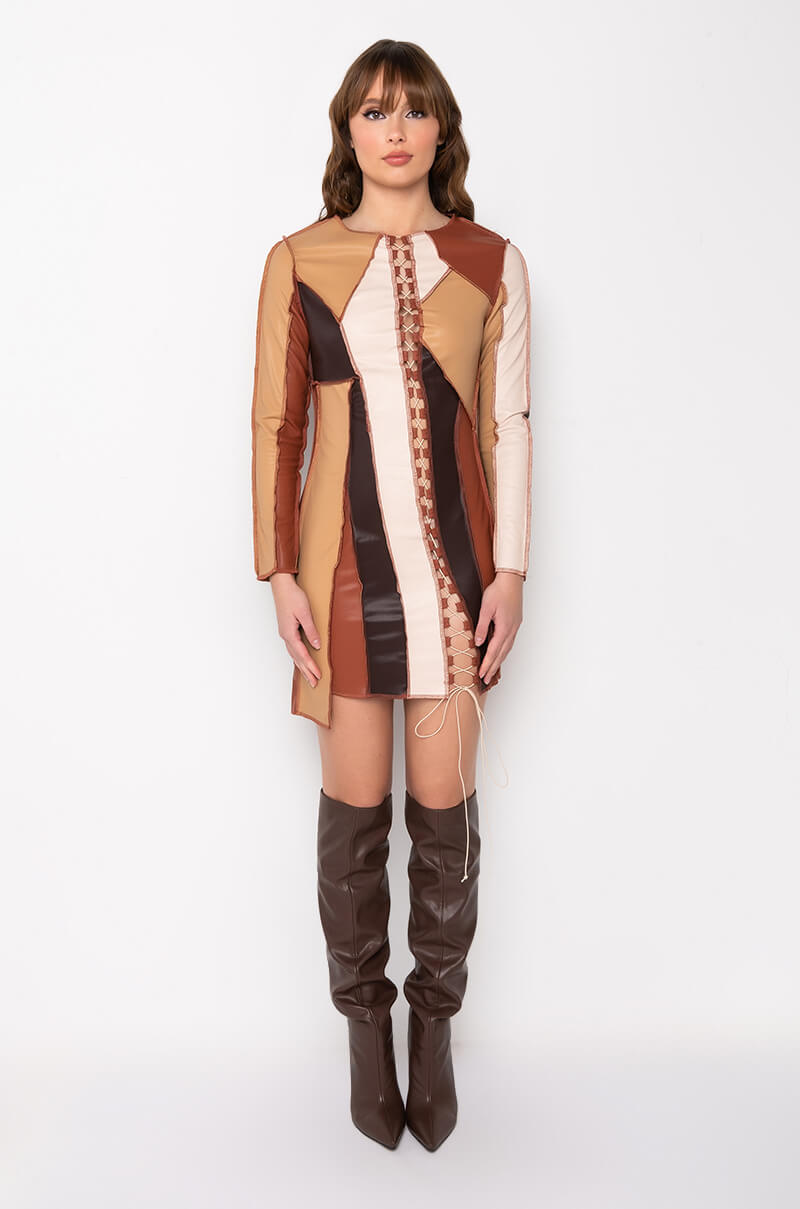 Extra View Better For It Faux Leather Patchwork Mini Dress
