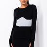 Front View Bianca Corset Detail Mini Dress With Thumb Holes in Black Multi