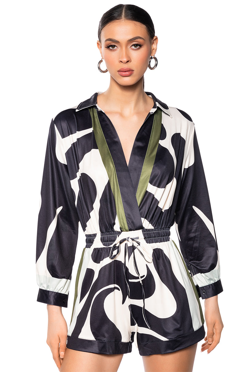 Front View Bianca Drawstring Waist Romper In Green Multi