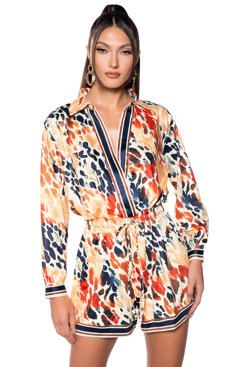 Front View Bianca Tie Waist Romper In Navy Orange
