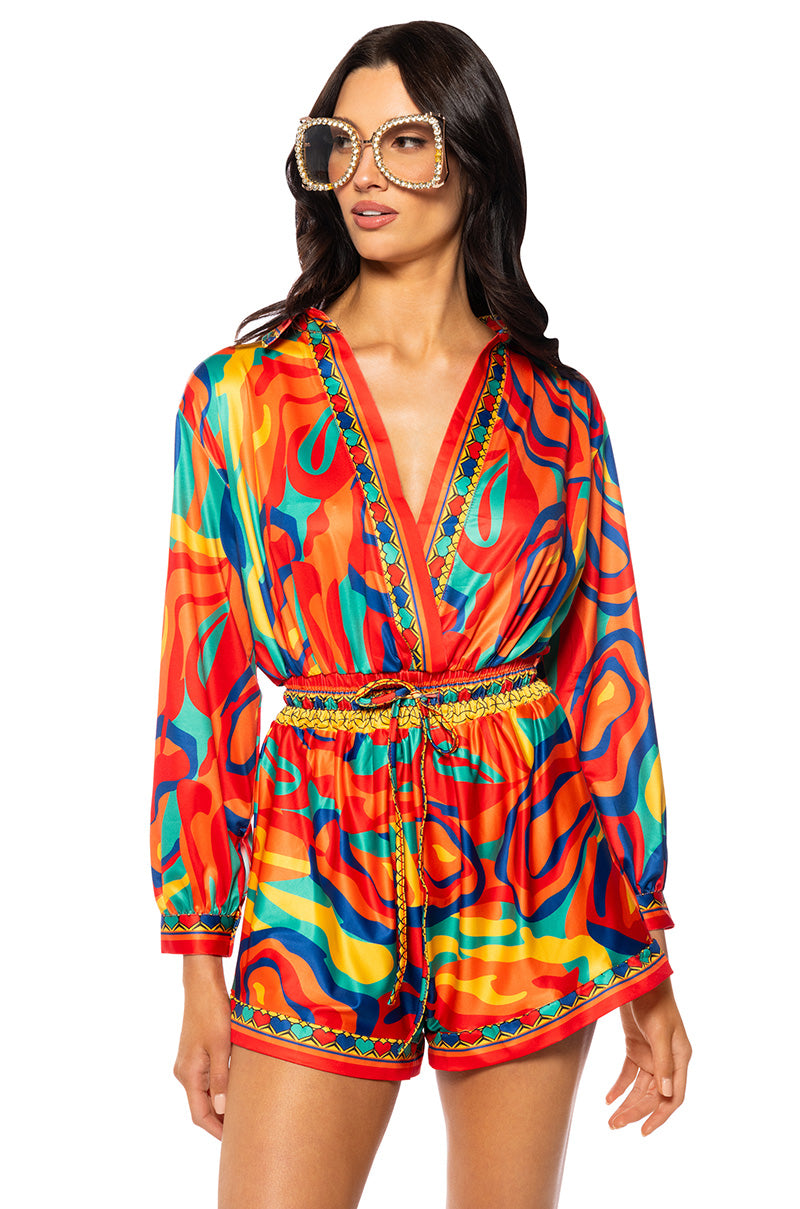 Front View Bianca Tie Waist Romper In Yellow Multi
