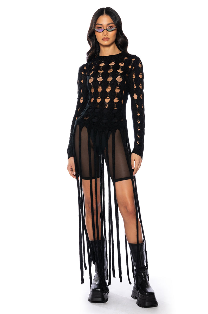 Front View Big Fringe Energy Cable Knit Long Sleeve Sweater