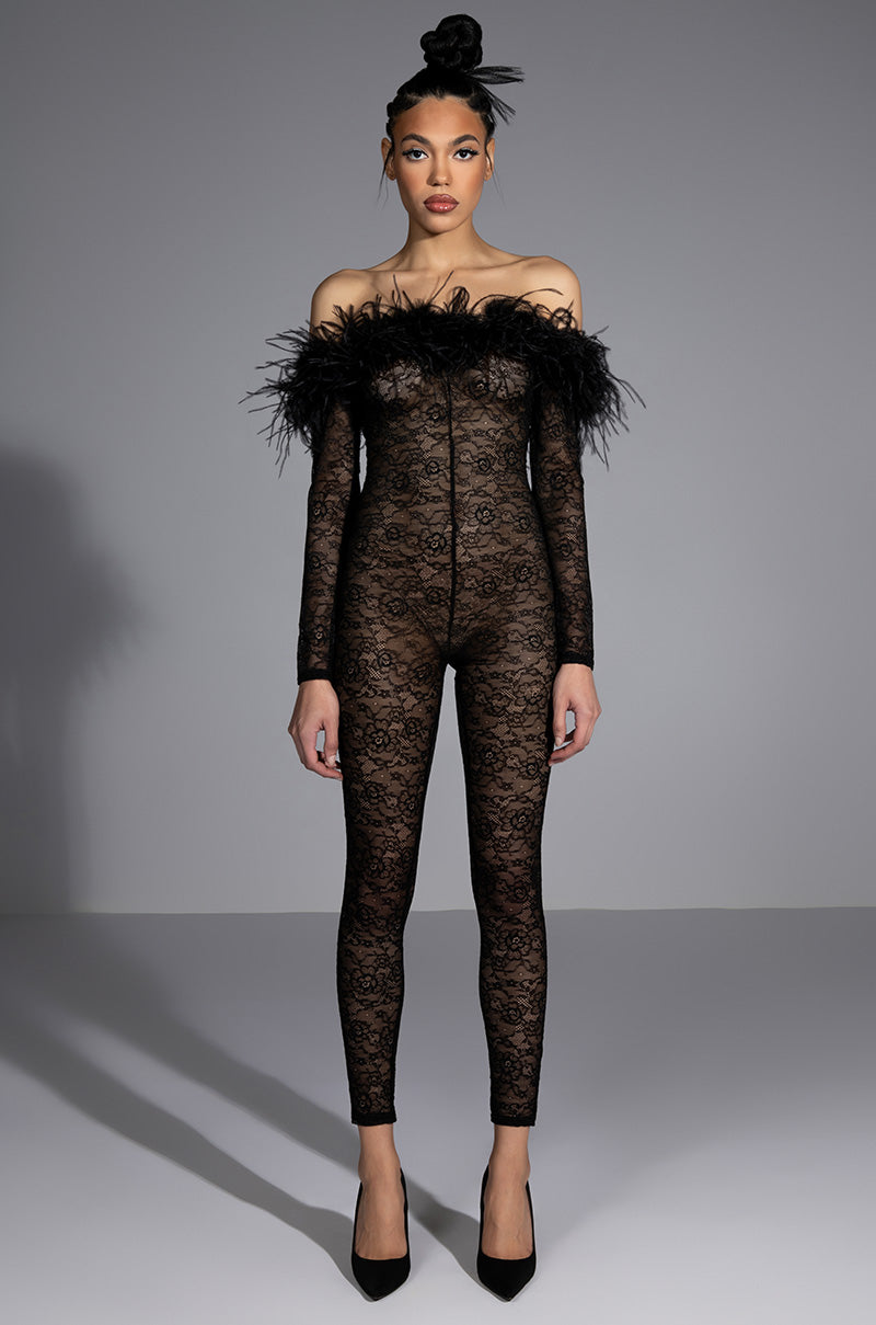 BIG LOVE LACE JUMPSUIT WITH FEATHER DETAILS view 0