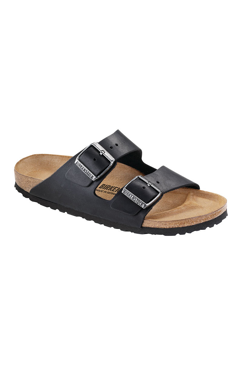 Side View Birkenstock Arizona Narrow Oiled Leather Sandal in Black