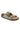 The BIRKENSTOCK ARIZONA SOFT FOOTBED NARROW SUEDE LEATHER SANDAL in tan features two adjustable suede straps, each adorned with a metal buckle. The sandal has a cork footbed and a black rubber sole, with the brand logo visible under the arch area on the footbed.