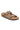 The BIRKENSTOCK ARIZONA TOBACCO OIL LEATHER sandal features a single tan-colored design with two adjustable straps adorned with dark brown buckles. It includes a cork footbed and a textured black sole, prominently displaying the "Birkenstock" brand on the footbed.