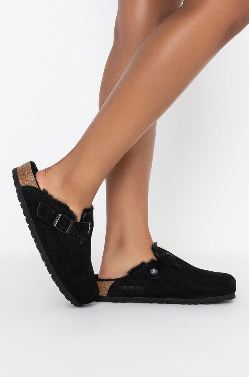 Side View Birkenstock Boston Shearling Sandal In Black