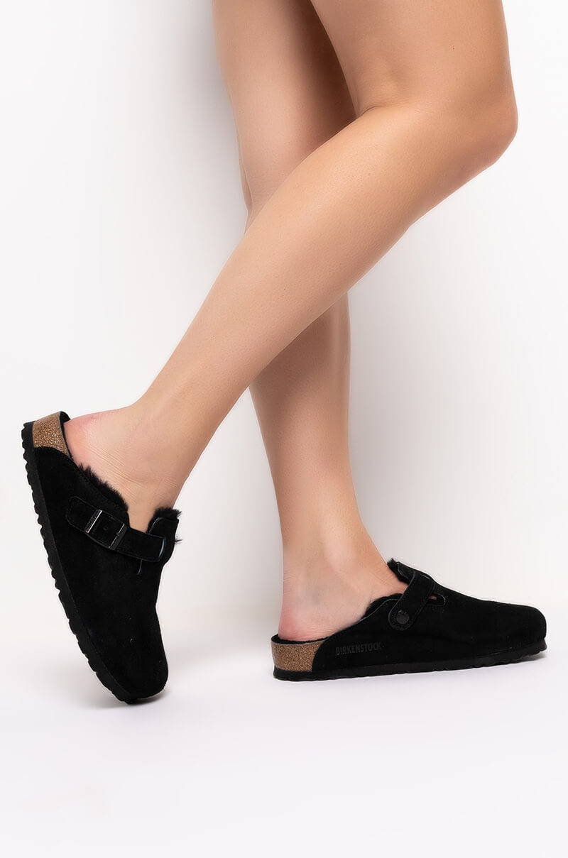 Side View Birkenstock Boston Shearling Sandal In Black