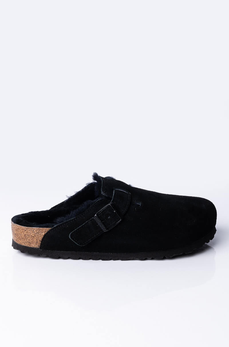 Back View Birkenstock Boston Shearling Sandal In Black