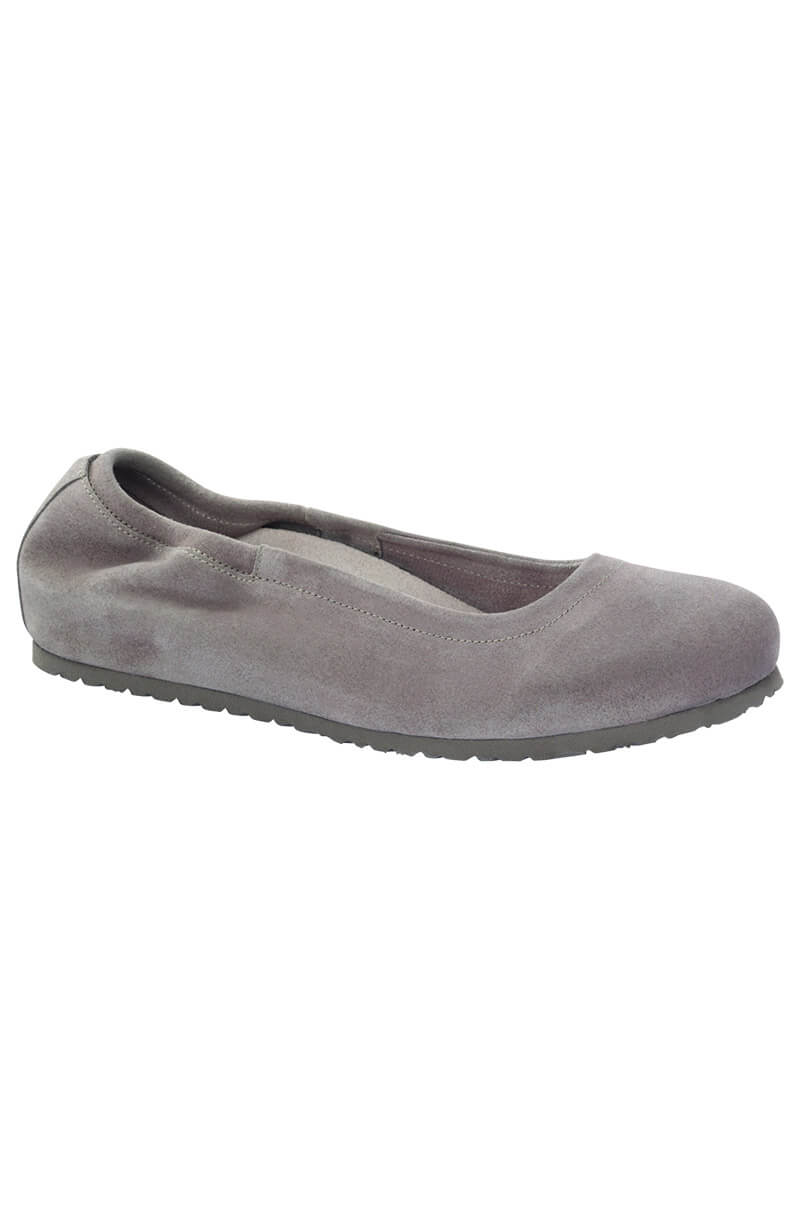 The SEXY CASUAL SLIP ON features a single gray ballet flat shoe with a smooth, rounded toe and a textured rubber sole. The upper material appears soft and slightly cushioned for comfort, boasting a simple, elegant design that is perfect for casual wear.