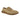 The SEXY CASUAL SLIP ON is a khaki-colored suede shoe with brown laces and a textured, speckled brown sole. It boasts a minimalist design featuring a low-cut, round toe and smooth finish.