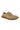 The SEXY CASUAL SLIP ON is a khaki-colored suede shoe with brown laces and a textured, speckled brown sole. It boasts a minimalist design featuring a low-cut, round toe and smooth finish.