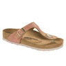 A single SEXY CASUAL FLAT sandal by Birkenstock, featuring a brown cork sole and a peach-colored suede thong strap with a metallic buckle. The footbed has "BIRKENSTOCK" printed on it. The sandal is displayed against a plain white background.