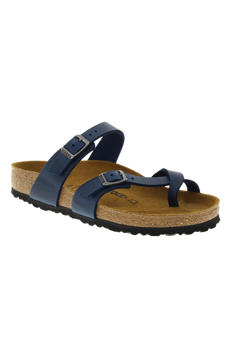 The BIRKENSTOCK MAYARI LEATHER SANDAL in blue features a contoured footbed for support, a brown cork and black rubber sole, a thong strap, an adjustable buckle over the arch, and an additional strap over the toes.