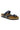 The BIRKENSTOCK MAYARI LEATHER SANDAL in blue features a contoured footbed for support, a brown cork and black rubber sole, a thong strap, an adjustable buckle over the arch, and an additional strap over the toes.