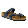 The BIRKENSTOCK MAYARI LEATHER SANDAL in blue features a contoured footbed for support, a brown cork and black rubber sole, a thong strap, an adjustable buckle over the arch, and an additional strap over the toes.