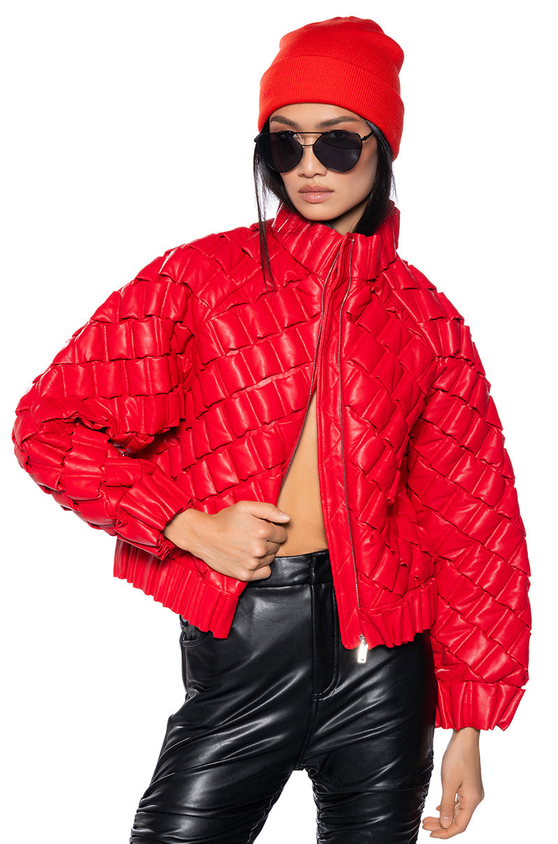 BIRTHDAY COLLECTION PU WEAVE PUFFER BOMBER IN RED view 0