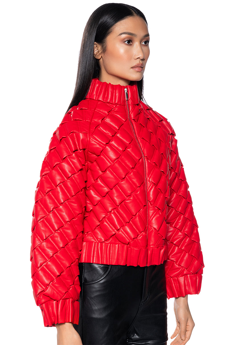 Side View Birthday Collection Pu Weave Puffer Bomber In Red