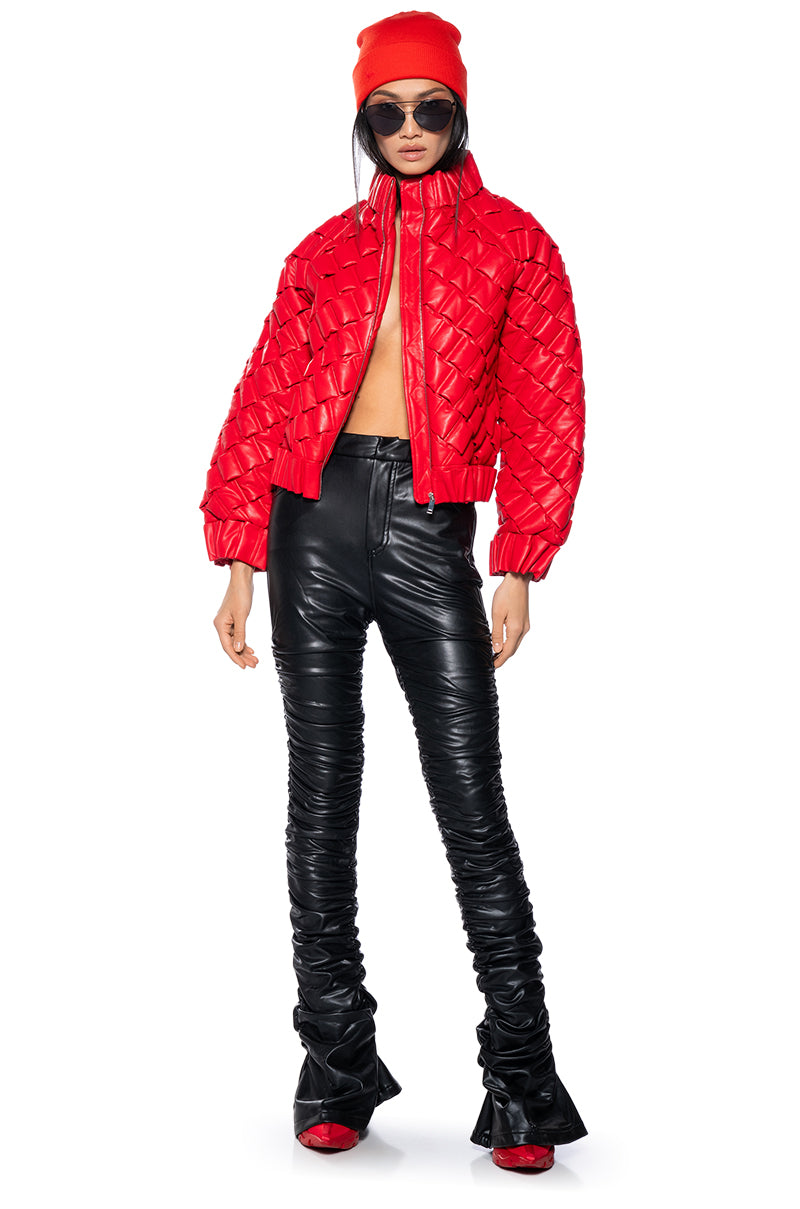 Back View Birthday Collection Pu Weave Puffer Bomber In Red