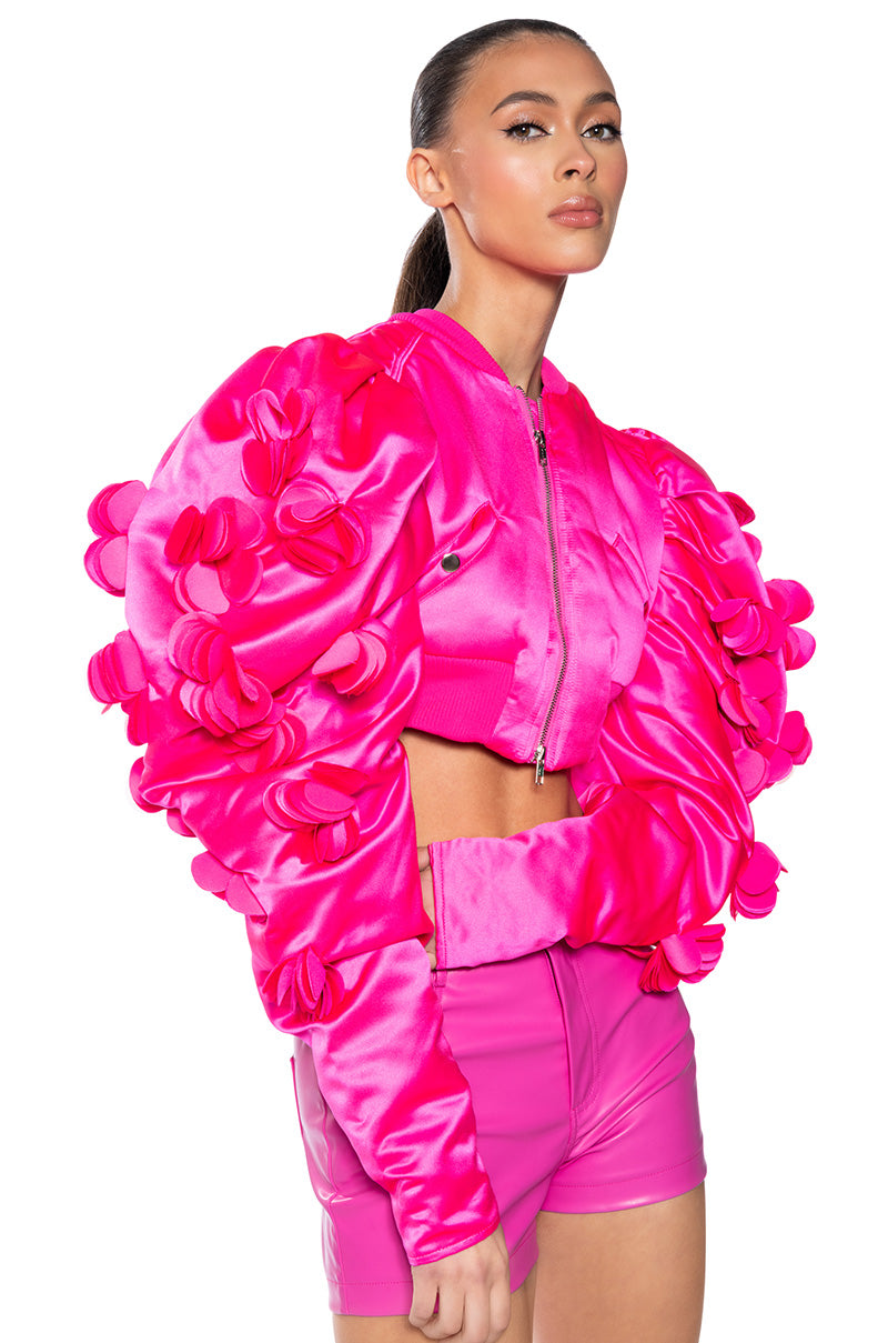 Front View Birthday Hunny Puff Shoulder Bomber Jacket