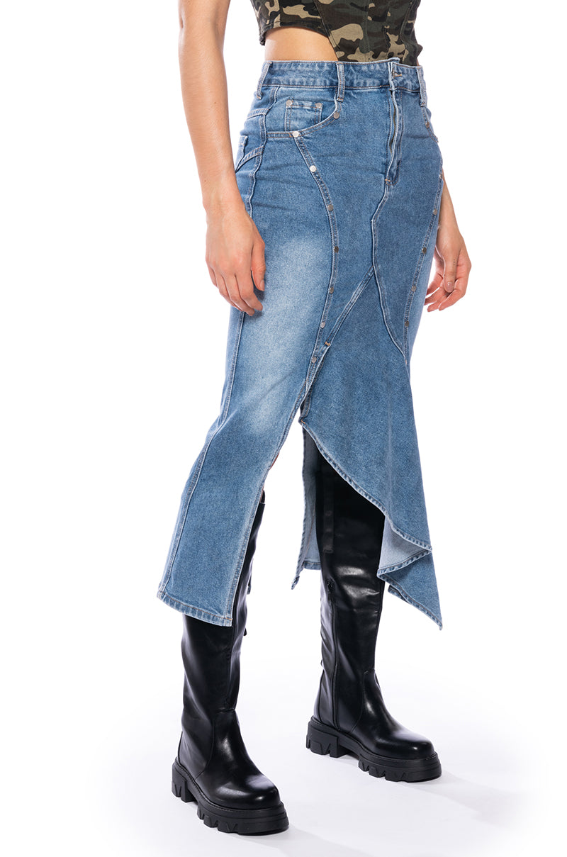 Front View Bite Me Asymmetrical Denim Midi Skirt