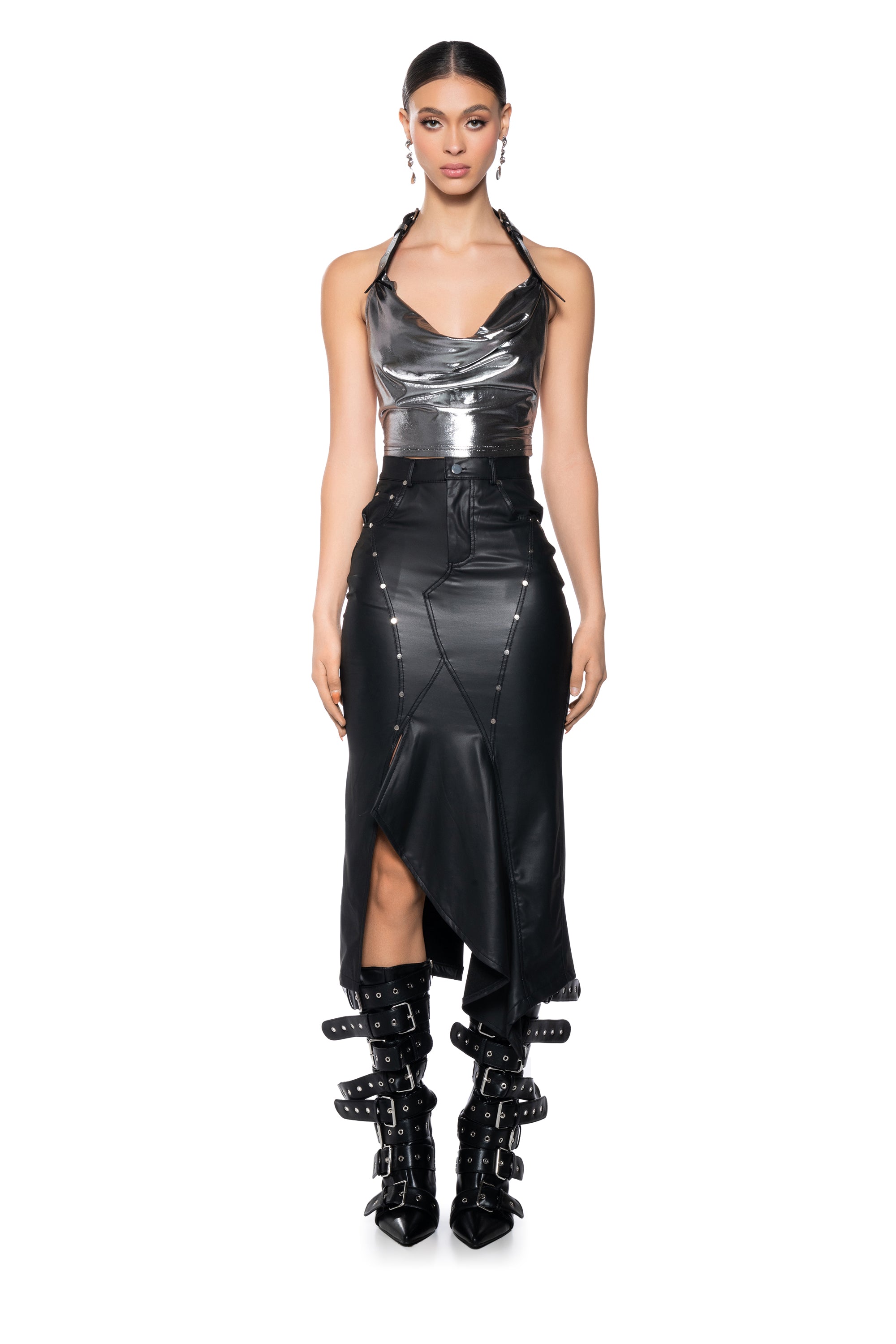BITE ME ASYMMETRICAL FAUX LEATHER MIDI SKIRT
