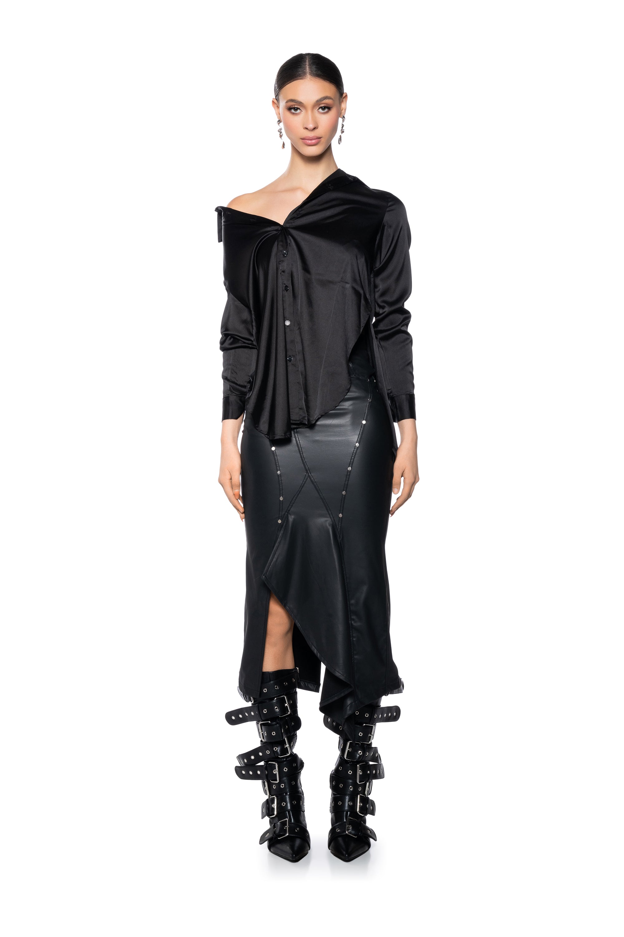 Extra View Bite Me Asymmetrical Faux Leather Midi Skirt